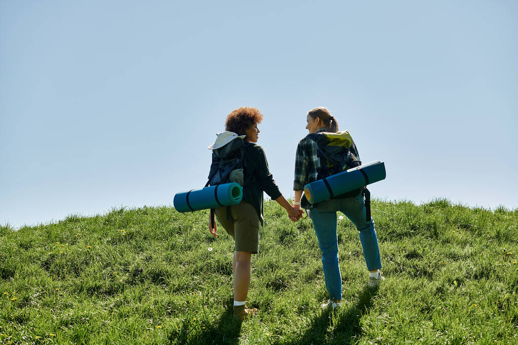 Una coppia lesbica cammina mano nella mano su una collina erbosa, godendo di una giornata di sole all'aperto. - Foto, immagini