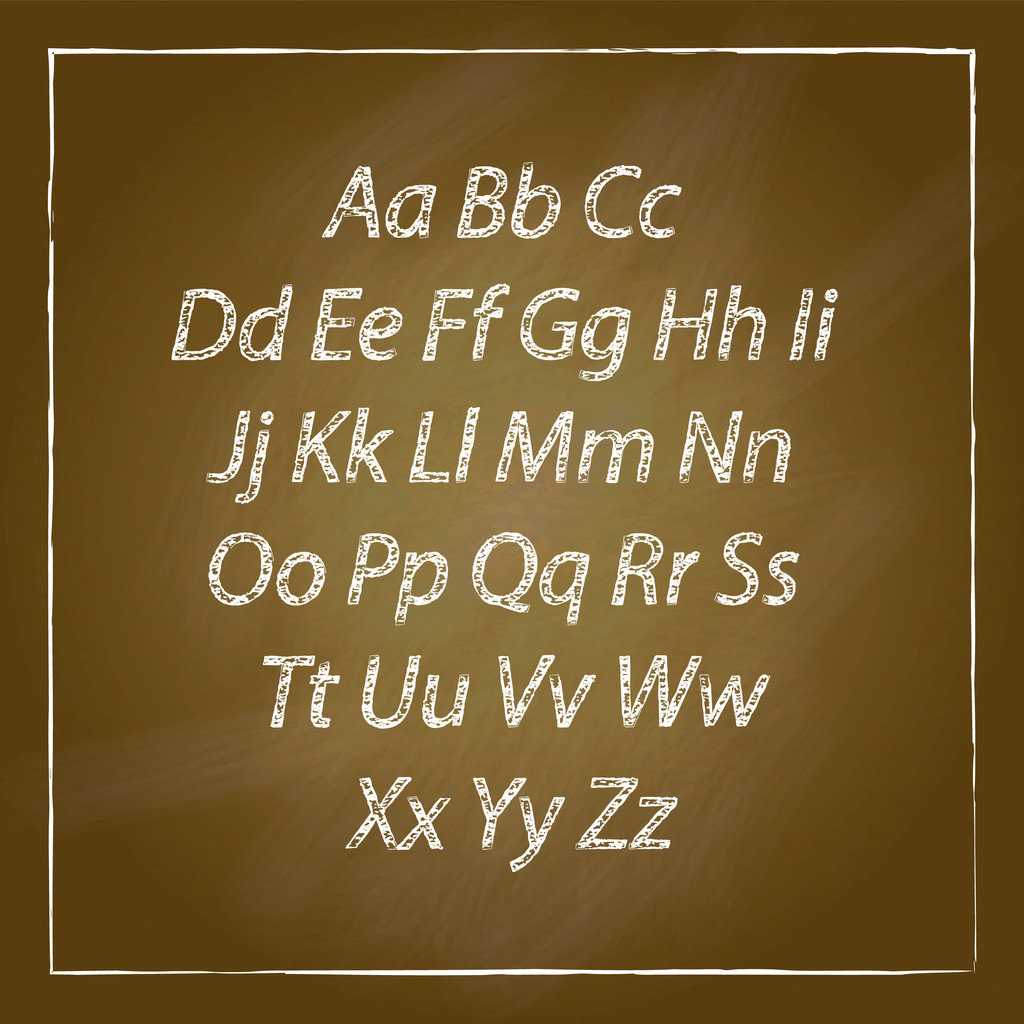 Conjunto de escritorios escolares Brown Wood y alfabeto tiza dibujado a mano
 - Vector, imagen