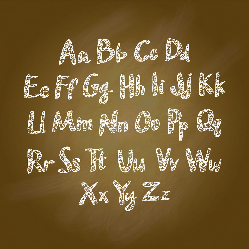 Conjunto de mesas de escola de madeira marrom e alfabeto giz desenhado à mão
 - Vetor, Imagem