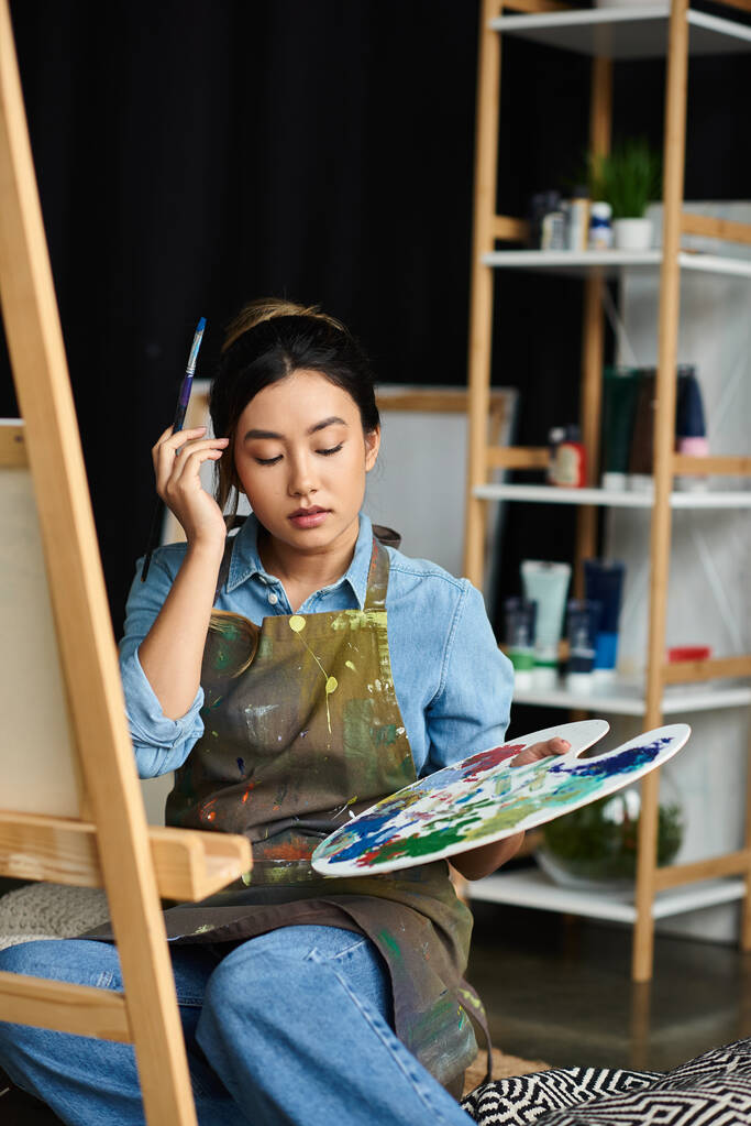 A young Asian woman sits in her art studio, holding a paintbrush and palette, focused on her artwork. - Photo, Image