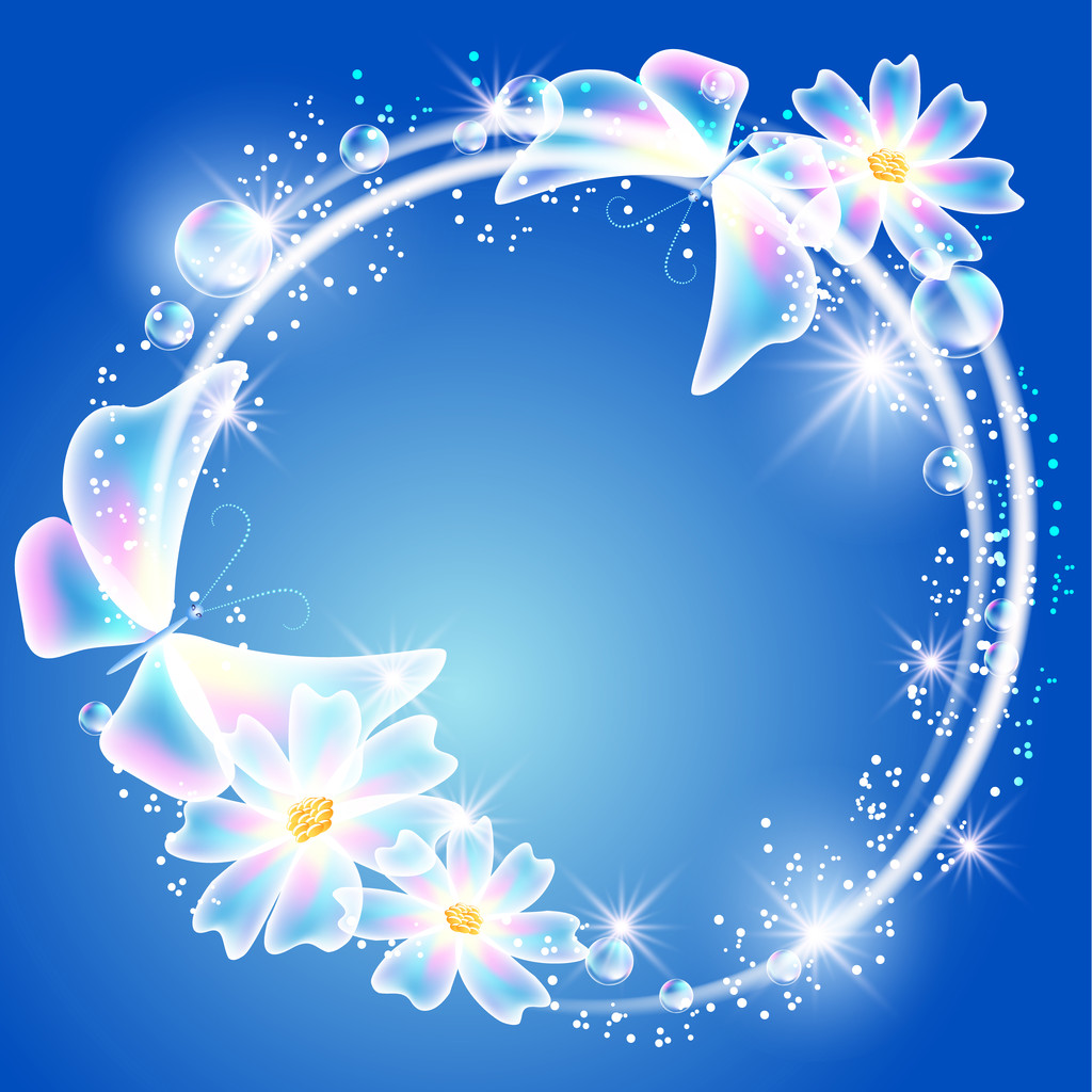 透明蝶、花と星の輝き - ベクター画像