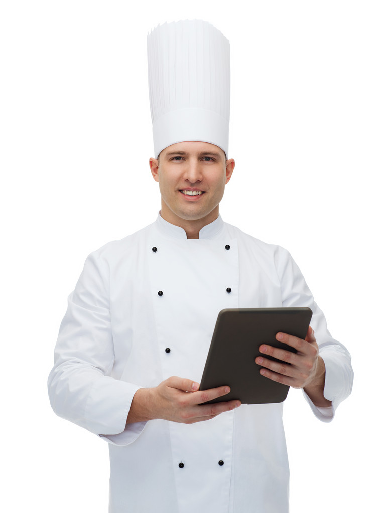 счастливый шеф-повар держит планшет ПК
 - Фото, изображение