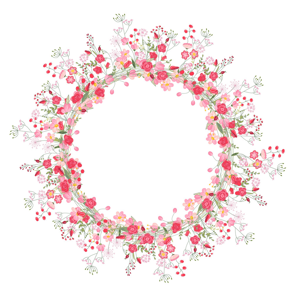 Grinalda contorno detalhado com ervas, rosas e flores silvestres isoladas em branco. Quadro redondo para o seu design
 - Vetor, Imagem