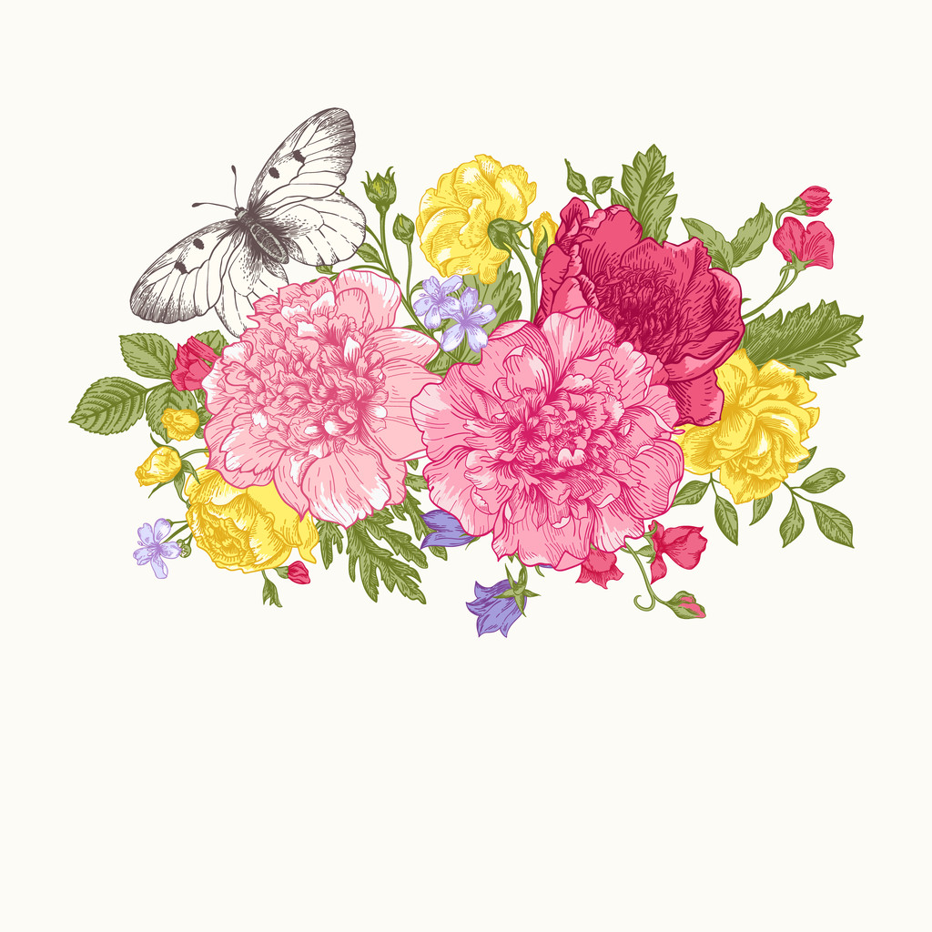 Картка з букетом квітів і метеликом
. - Вектор, зображення