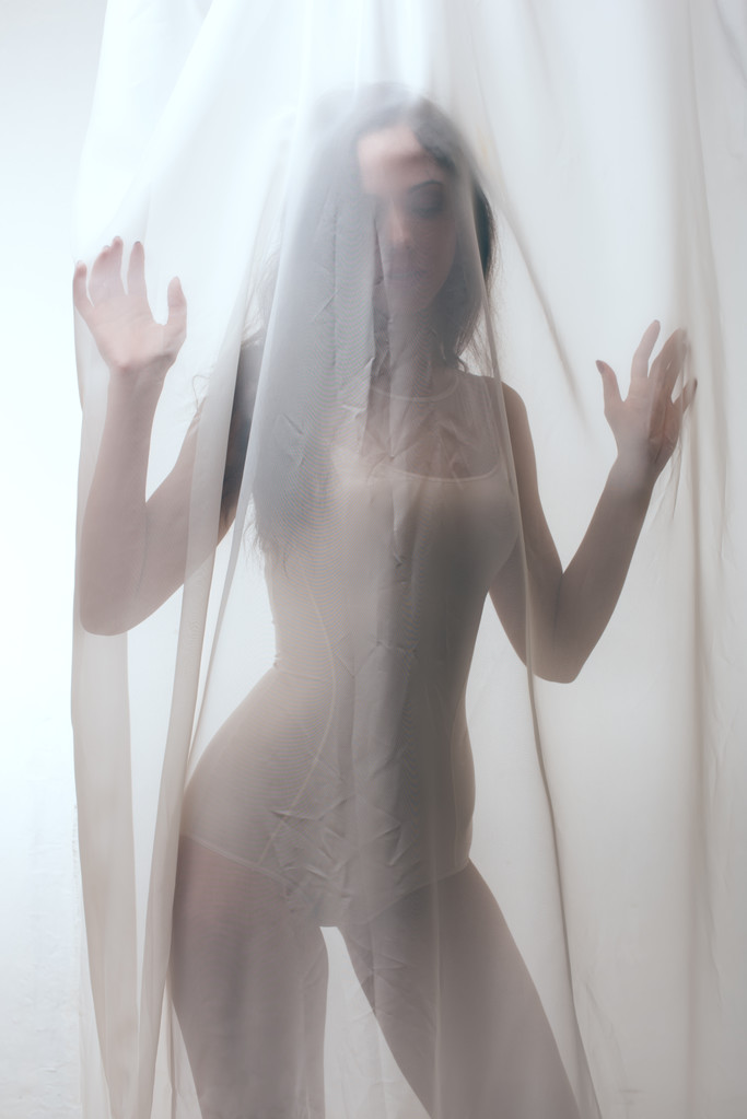 Sexy  lady  behind tulle curtain - Photo, Image