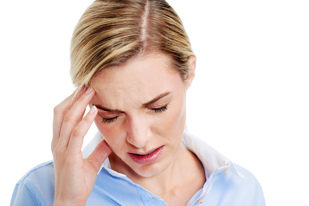 Młoda kobieta ma podział ból głowy - Zdjęcie, obraz