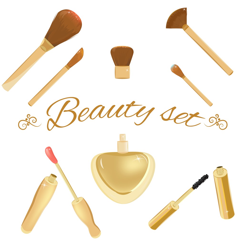aantal cosmetische borstels, mascara, lipgloss en parfum fles - Vector, afbeelding