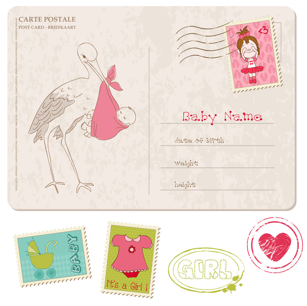 de kaart van de douche van baby meisje met set van postzegels - Vector, afbeelding