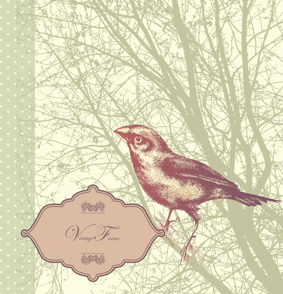 Background with vintage bird sitting on a tree, hand drawn - Vector, Image