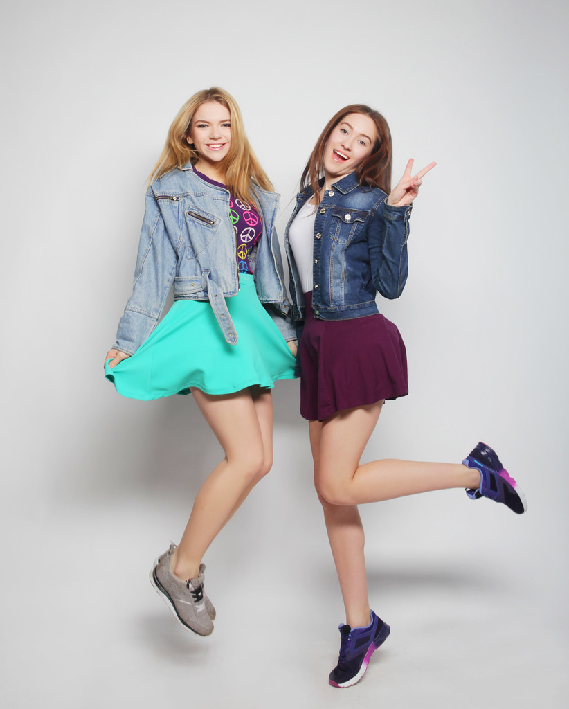  young hipster girls best friends jump  - Photo, Image