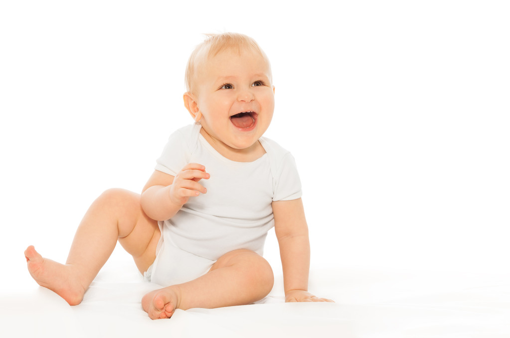 happy laughing baby in white bodysuit - Φωτογραφία, εικόνα