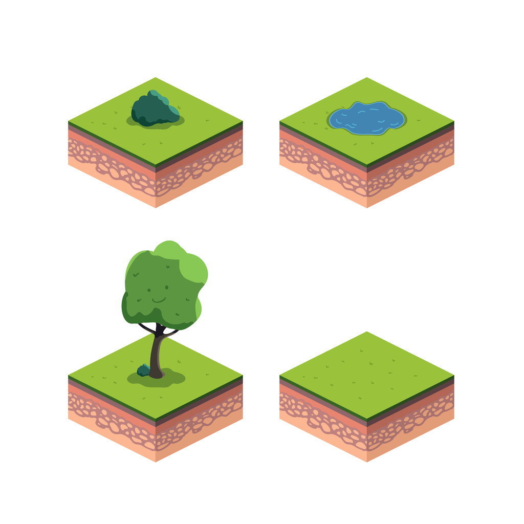 Árbol, suelo isométrico, lago, arbusto. Vector
 - Vector, Imagen