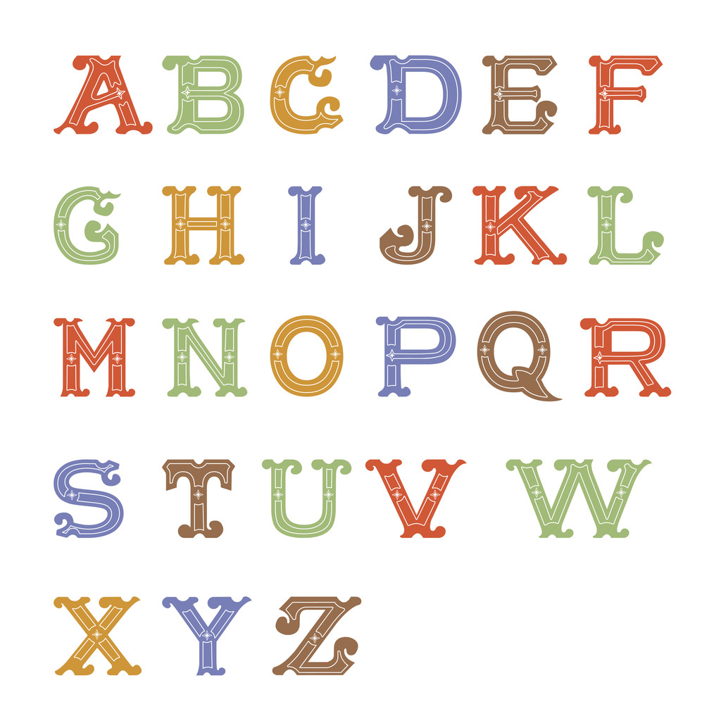 Красочный винтажный алфавит на белом фоне
 - Вектор,изображение