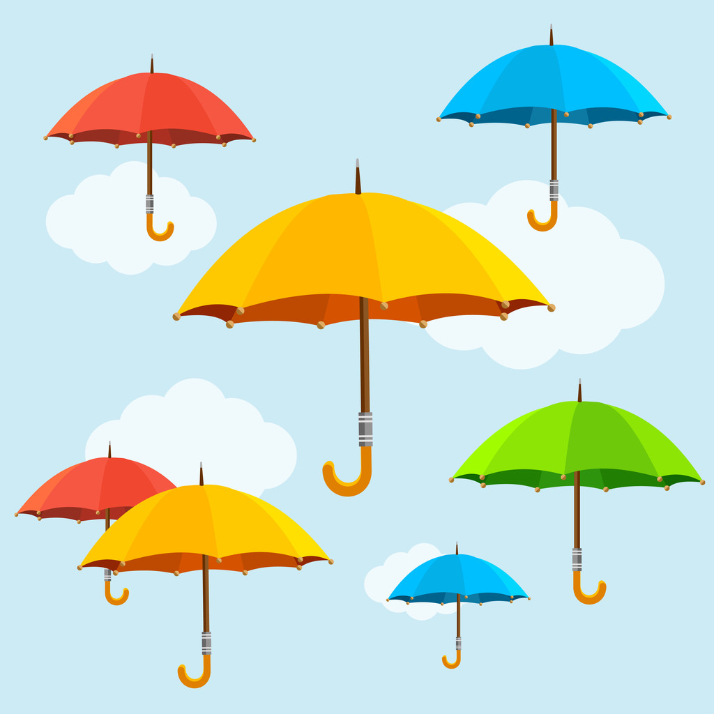 Vector kleurrijke paraplu's vliegen achtergrond. Platte ontwerpstijl - Vector, afbeelding