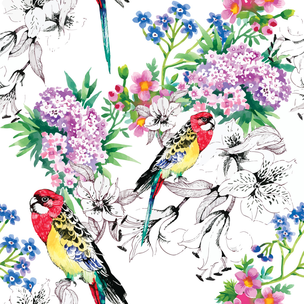 uccelli in giardino fiorito
 - Vettoriali, immagini
