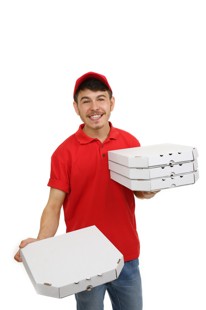 Lieferjunge mit Pizzakarton isoliert auf weiß - Foto, Bild