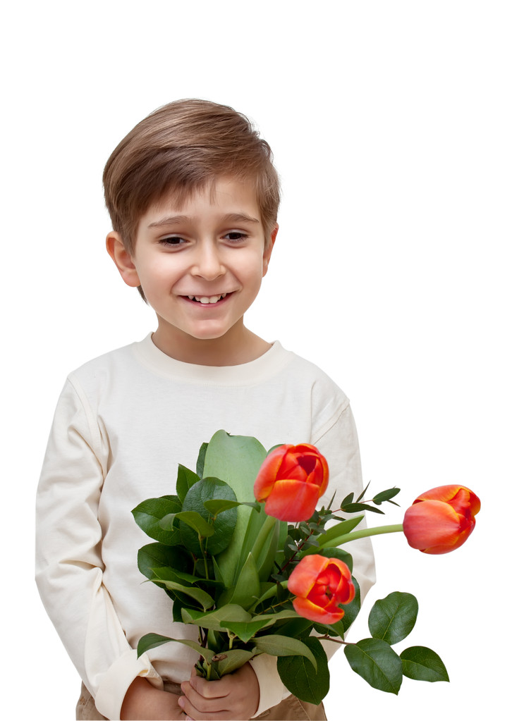 Boy with a bouquet of flowers isolated on white background. - Photo, Image