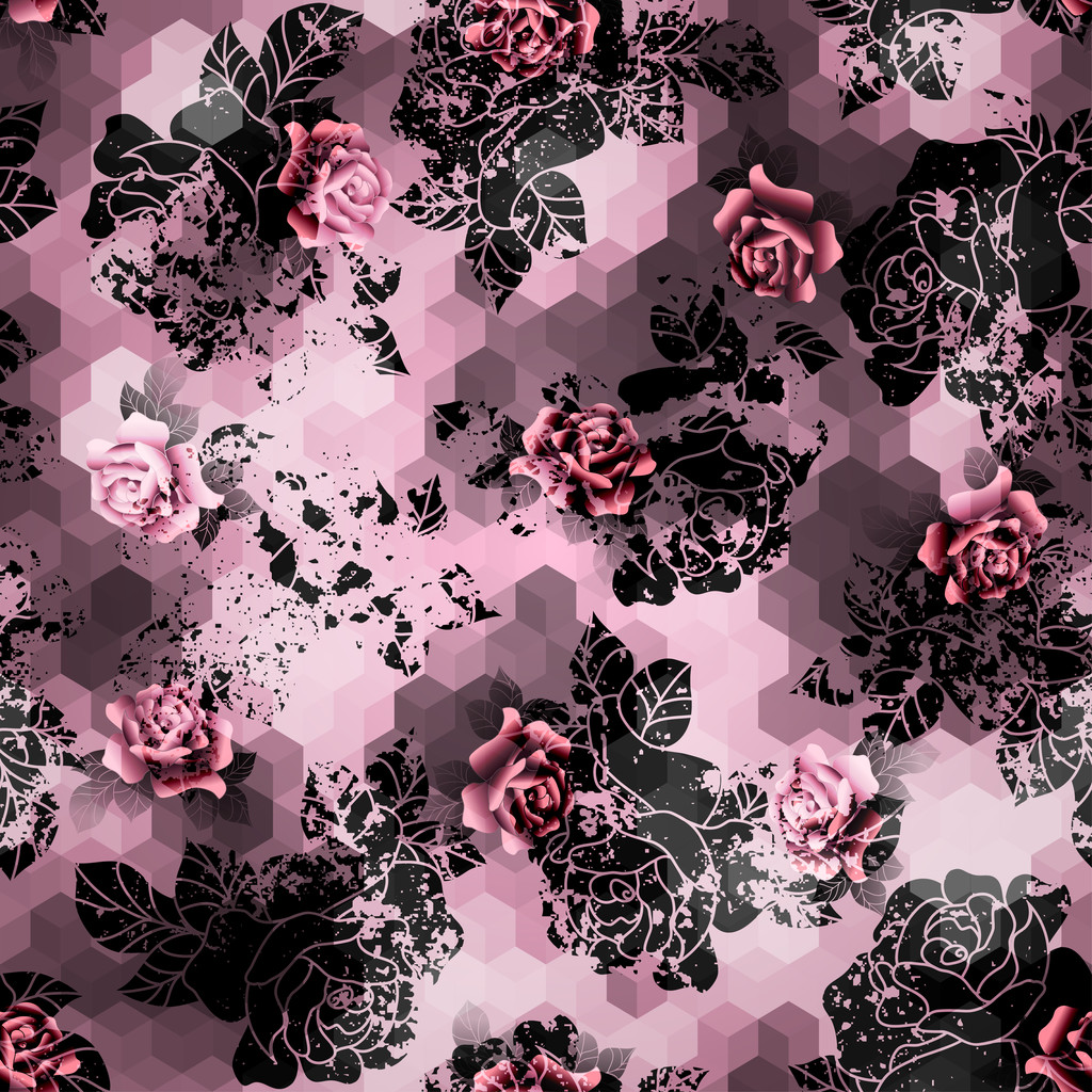 Grunge roses on pink cubes background. - Vector, Image