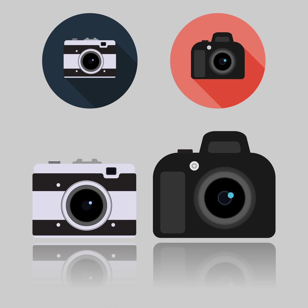 dslr und retro kompakte Kamera flache Symbole - Vektor, Bild