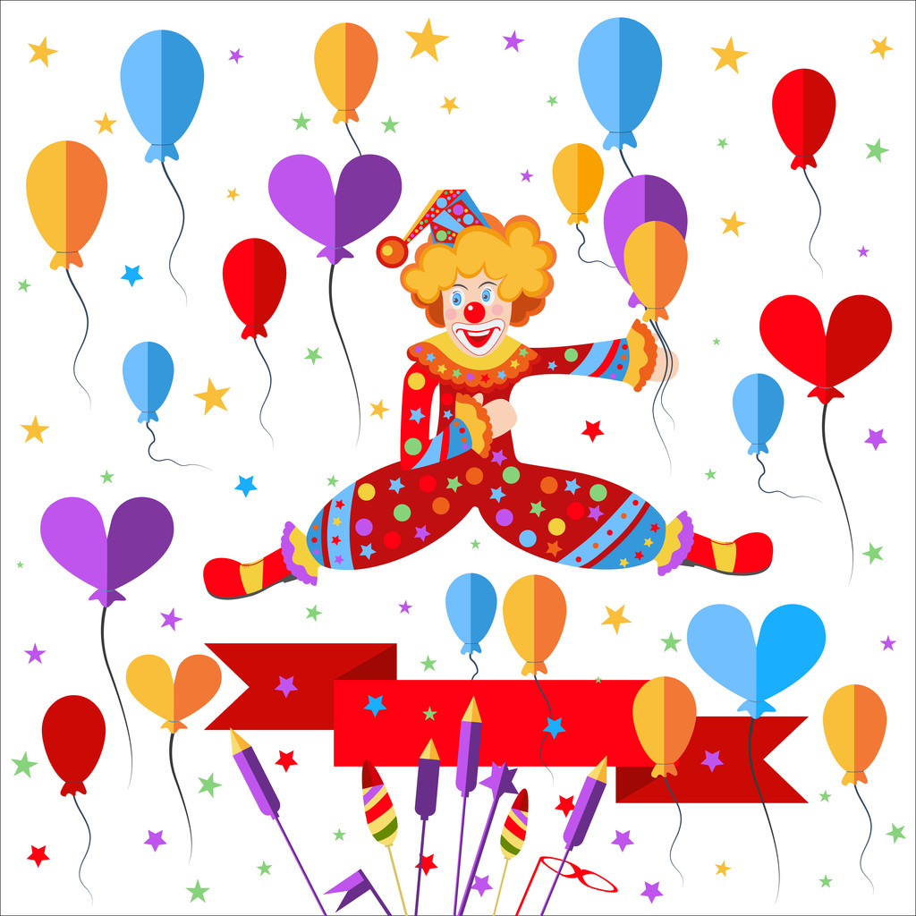 Клоун, воздушные шары, ленточный салют
 - Вектор,изображение