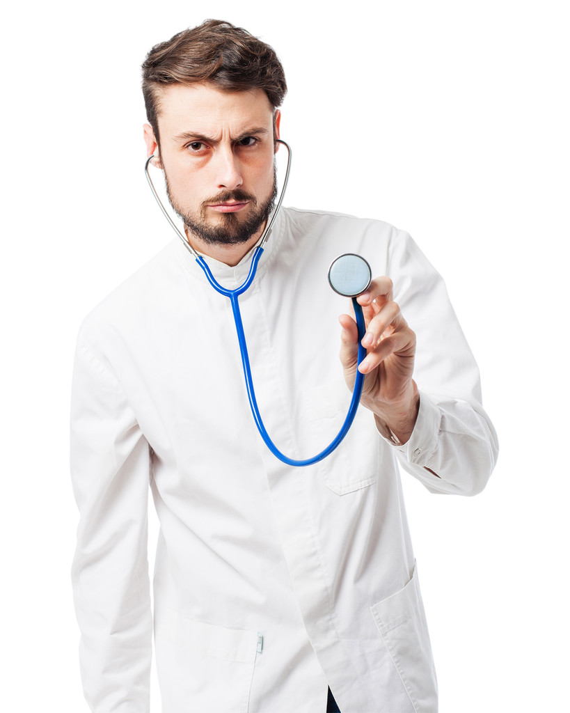 homem médico zangado com estetoscópio
 - Foto, Imagem