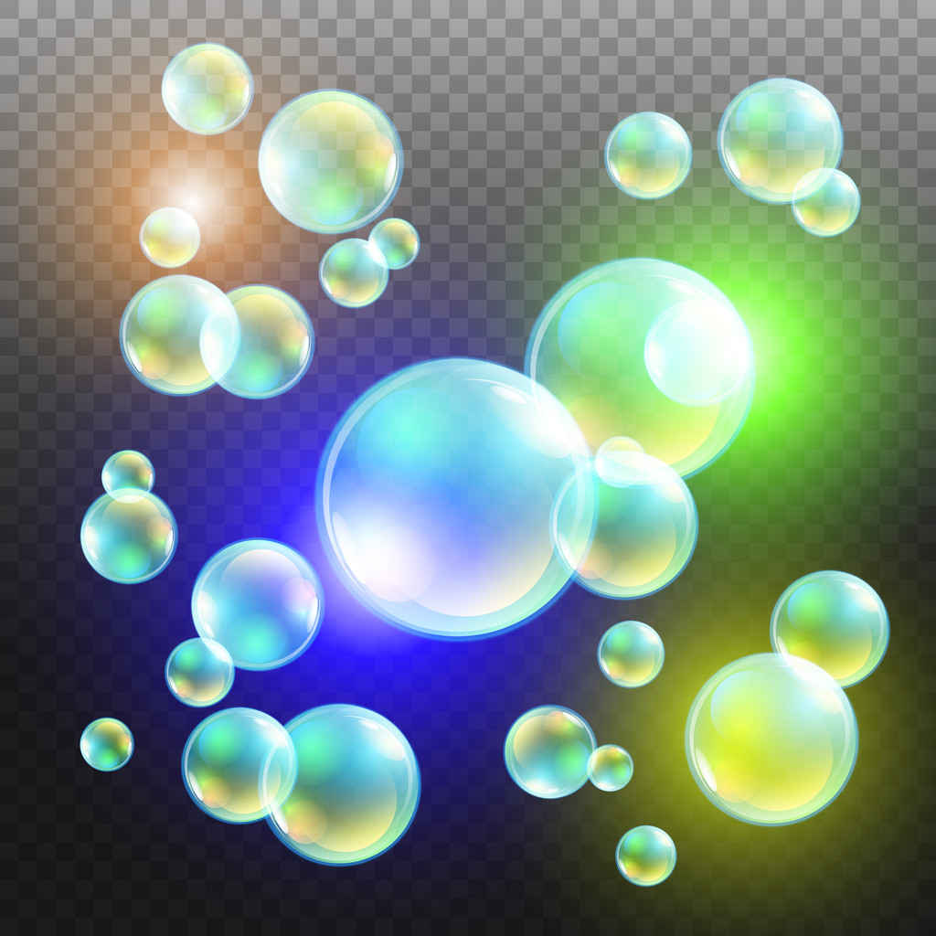 Trasparente multicolore vettore bolle di sapone impostato su sfondo plaid. Sfera di sfera, progettazione acqua e schiuma, illustrazione del lavaggio dell'acqua
 - Vettoriali, immagini