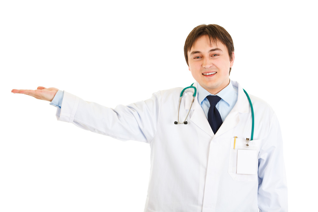 Medico sorridente che presenta qualcosa a mano vuota
 - Foto, immagini