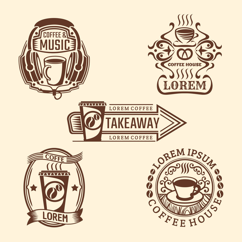 Набір вінтажних кавових етикеток хіпстера. Векторні логотипи кафе. Ретро стиль
. - Вектор, зображення