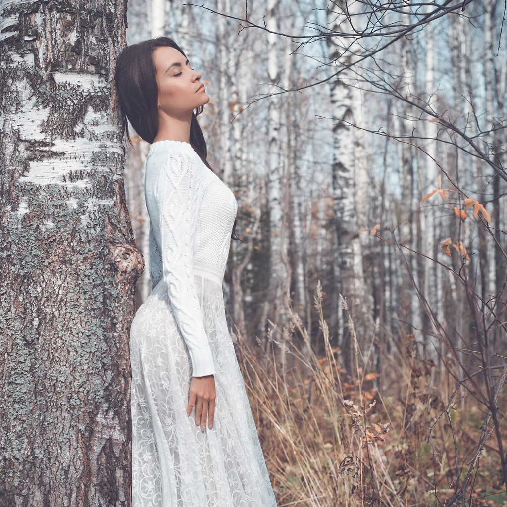 白樺の森で美しい女性 - 写真・画像