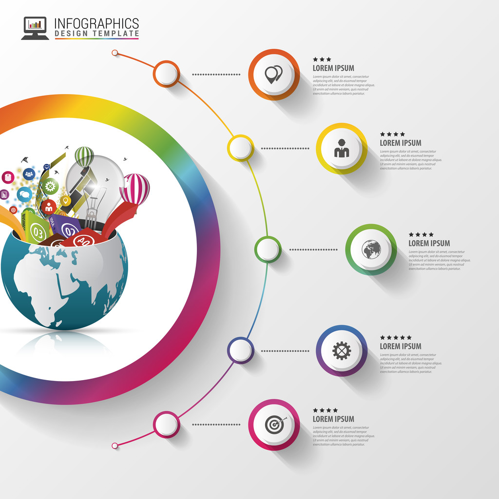 Modello di progettazione infografica. Mondo creativo. Cerchio colorato con icone. Illustrazione vettoriale
 - Vettoriali, immagini