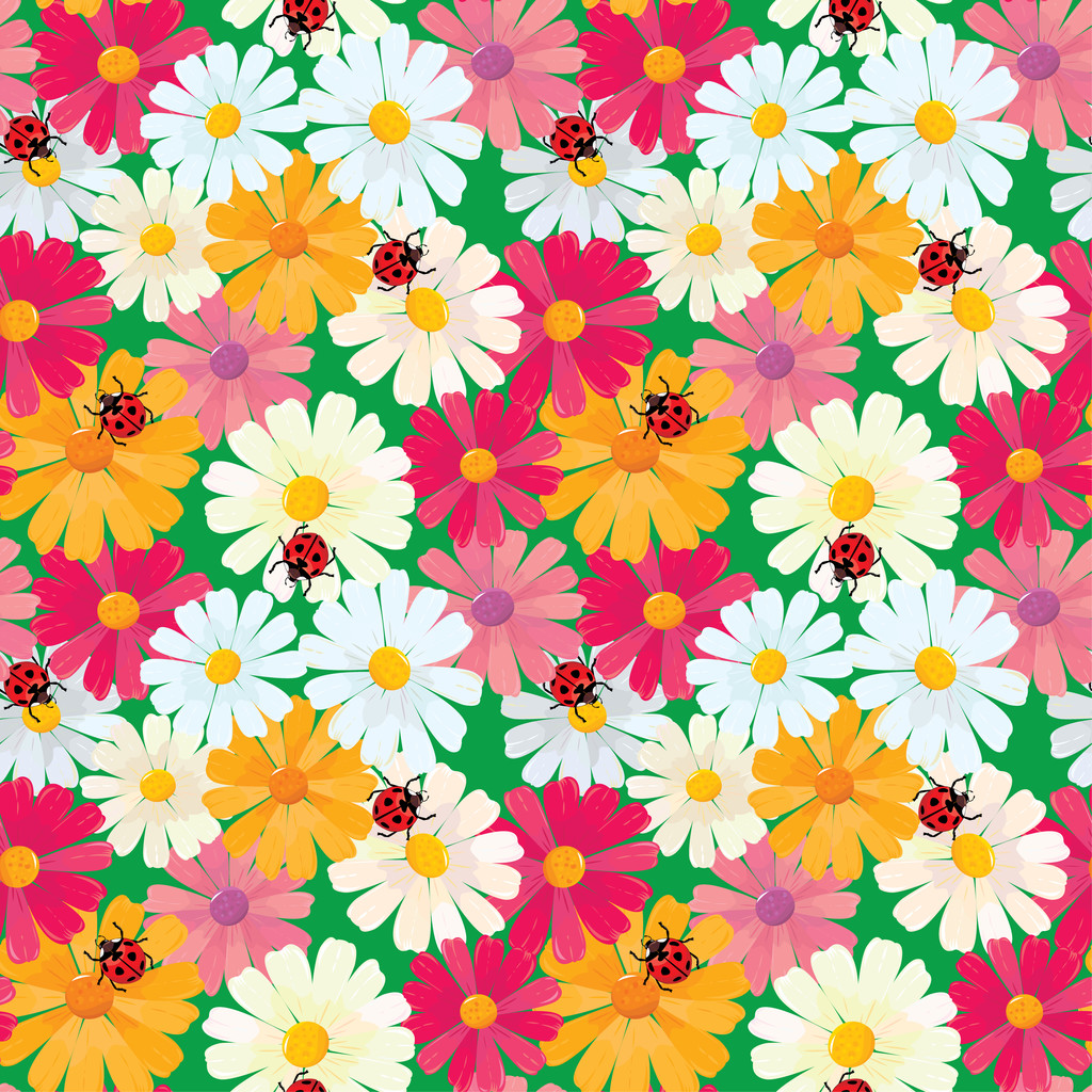 Seamless pattern with chamomile flowers and ladybirds, summer ba - Vector, Image