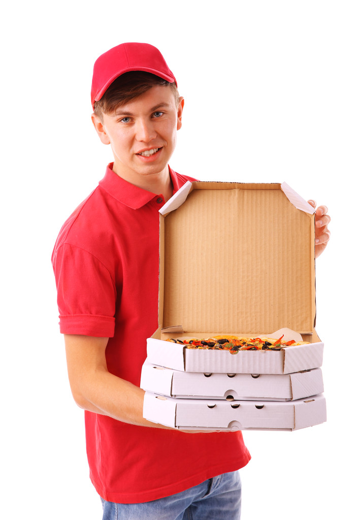 Servis elemanı üzerinde beyaz izole karton pizza kutuları ile - Fotoğraf, Görsel