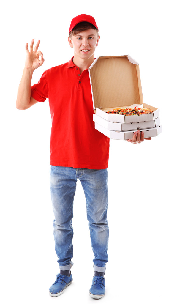 Livraison garçon avec boîtes à pizza en carton isolé sur blanc
 - Photo, image