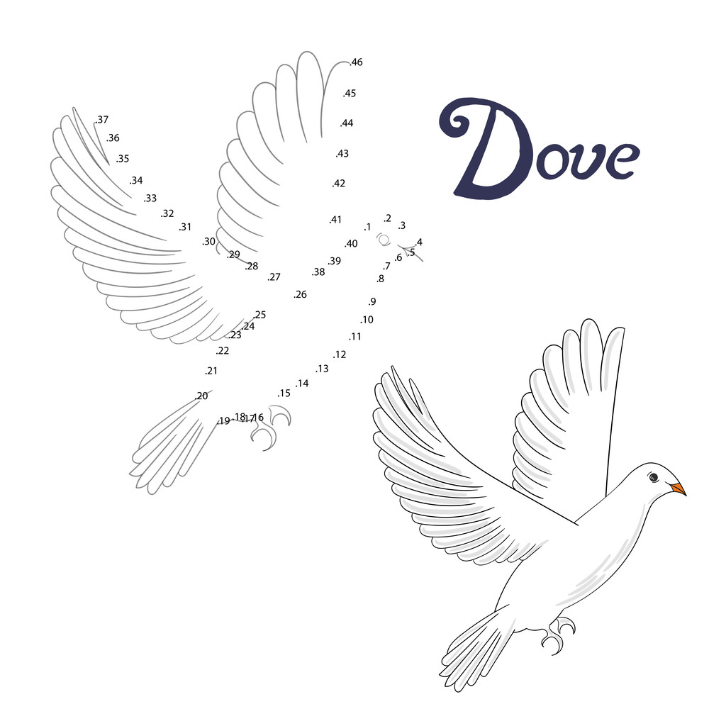 Juego educativo conectar puntos para dibujar pájaro paloma
 - Vector, imagen