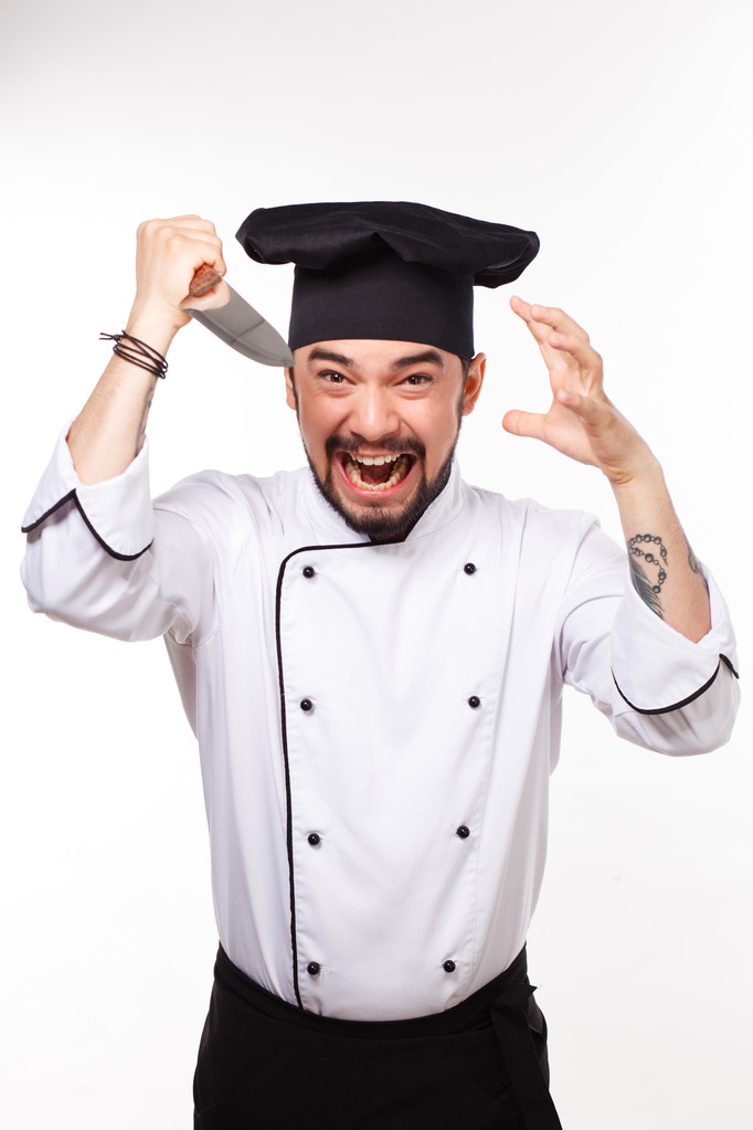 beau cuisinier en uniforme et chapeau geste avec un gros couteau
 - Photo, image