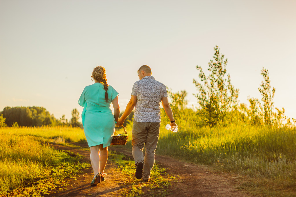 couple romantique aller et tenant la main sur fond prairie d'été
 - Photo, image