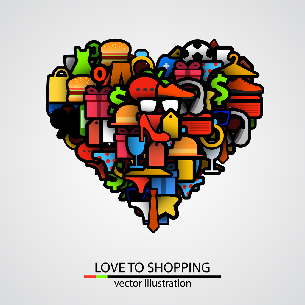 Creative heart sign made of shopping items. Vector - Vector, Image