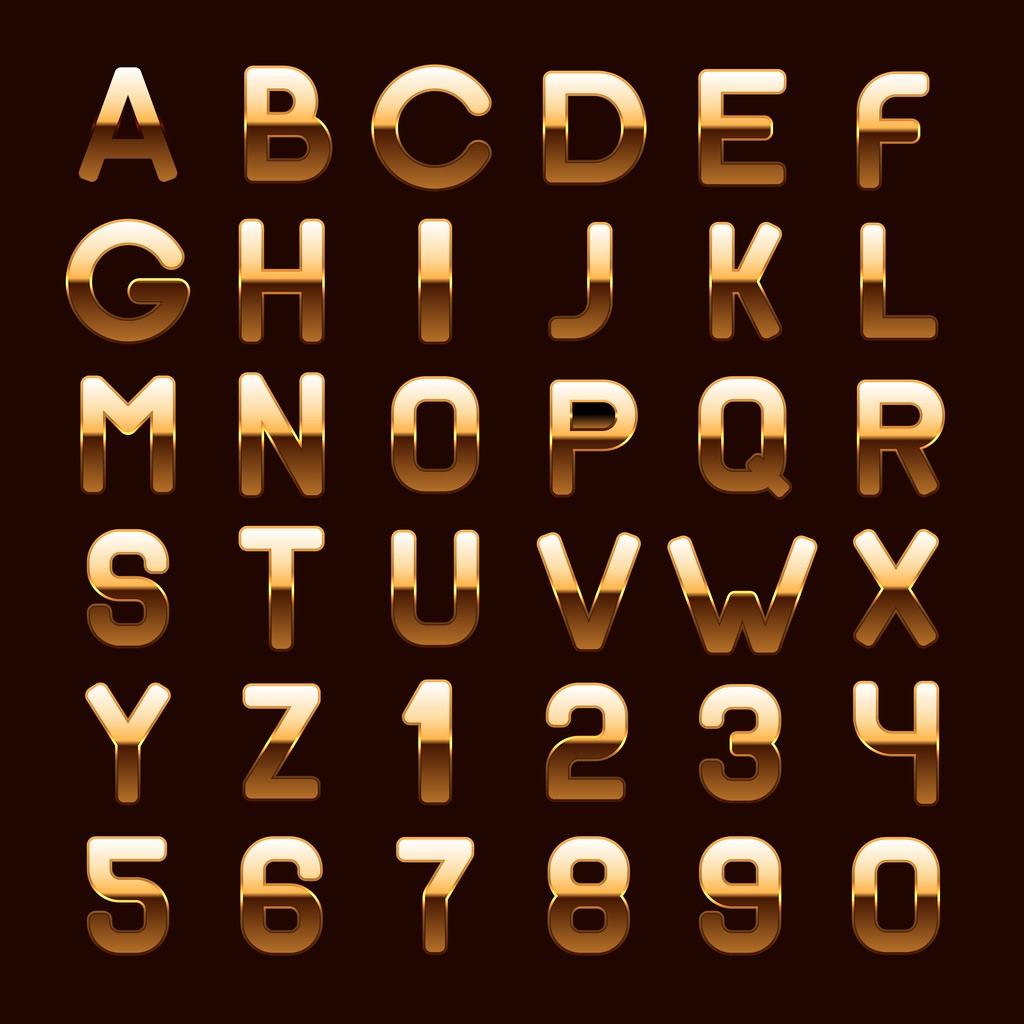 Golden Metallic Shiny ABC Kirjaimet ja numerot eristetty tumma tausta. Vektori
 - Vektori, kuva