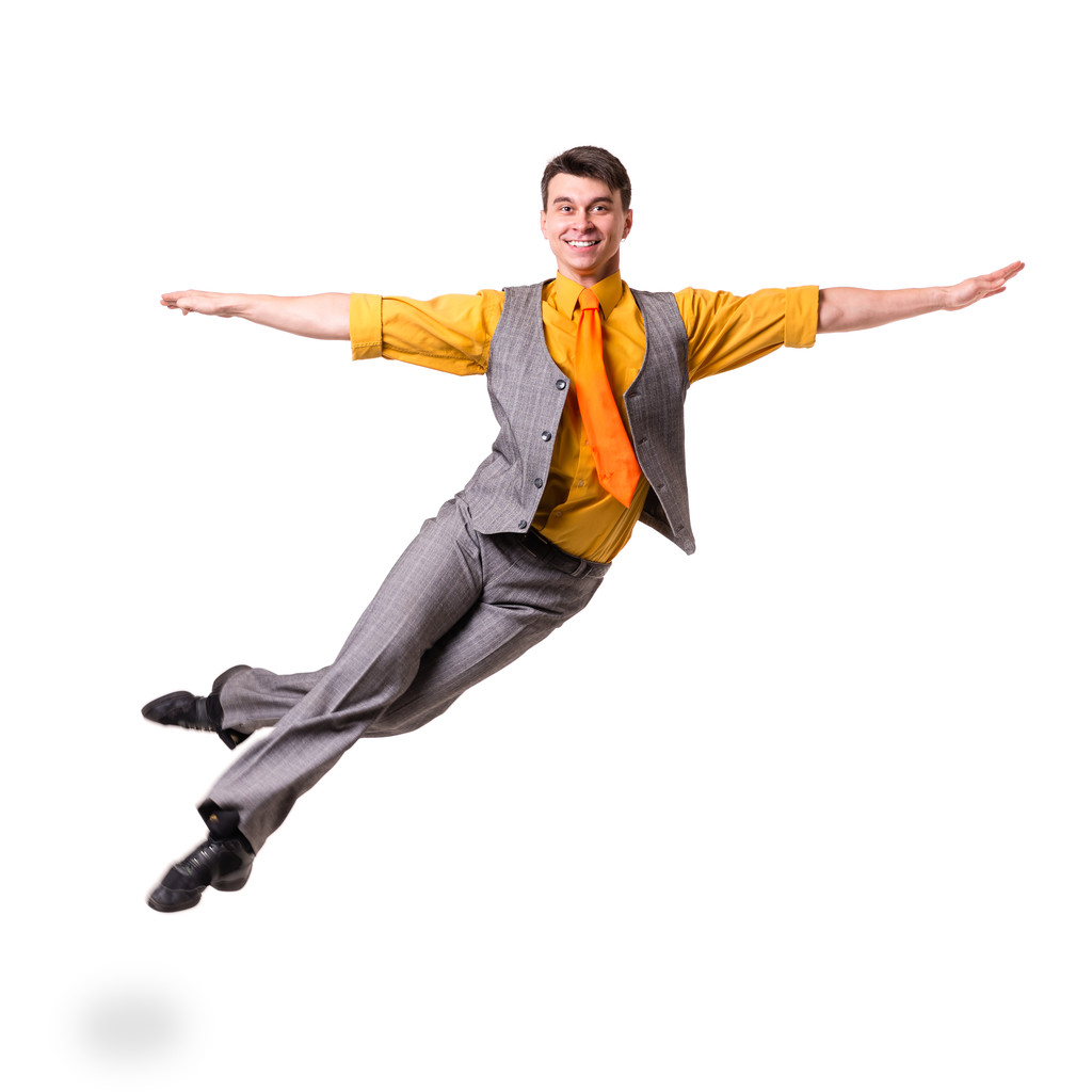 Valkoisella eristetyn hyppäävän liikemiehen koko pituus
 - Valokuva, kuva