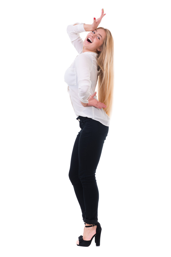 Longitud completa de hermosa mujer de negocios rubia de pie sobre fondo blanco con espacio de copia
 - Foto, Imagen