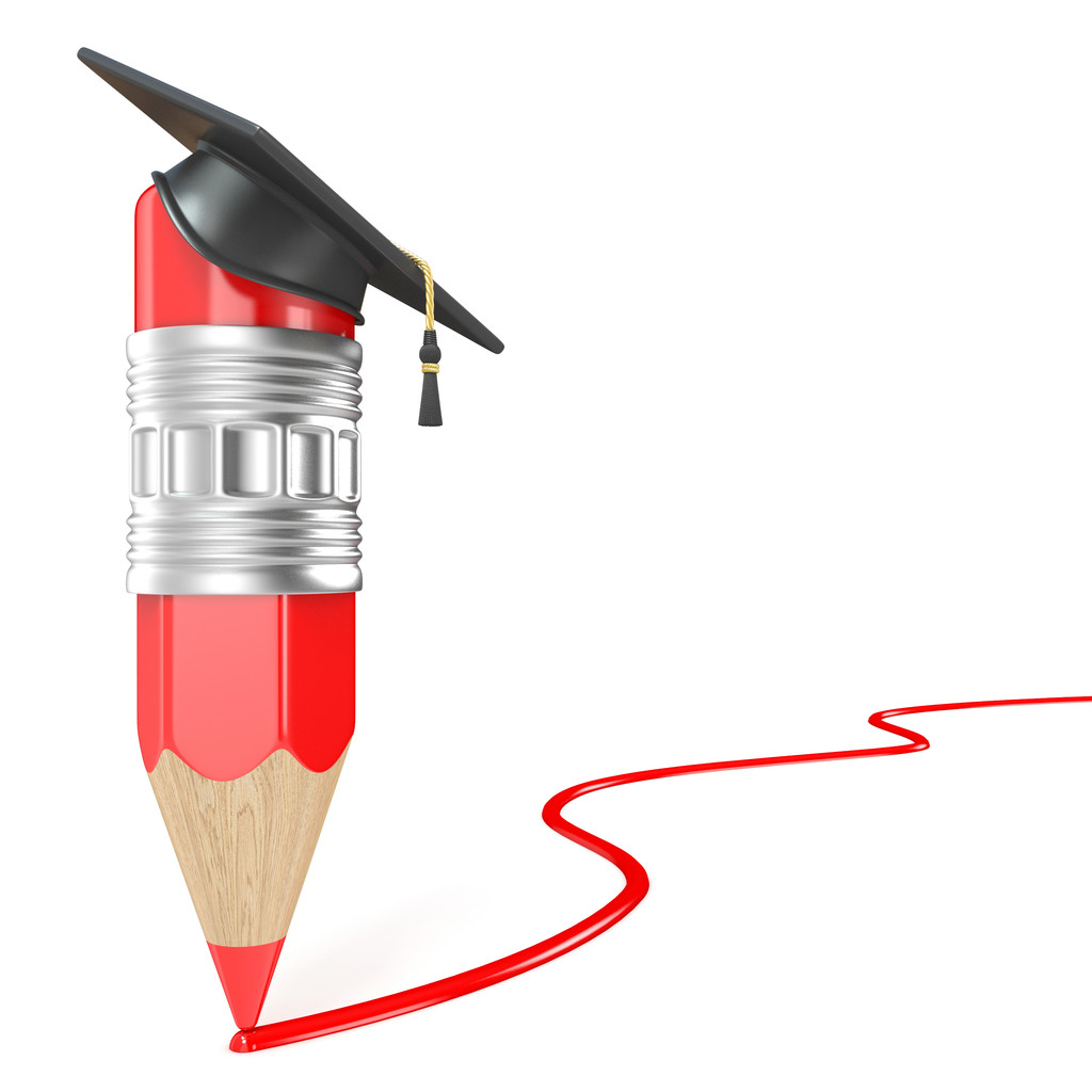 Crayon rouge avec une casquette de graduation dessin ligne rouge. Concept d'éducation. rendu 3D
 - Photo, image