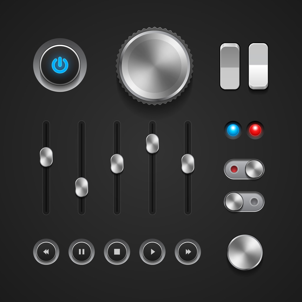 Hi-End User Interface-elementen: Knoppen, Switchers, op, Off, speler, Audio, Video: spelen, Stop, volgende, pauze, Volume, Equalizer - Vector, afbeelding