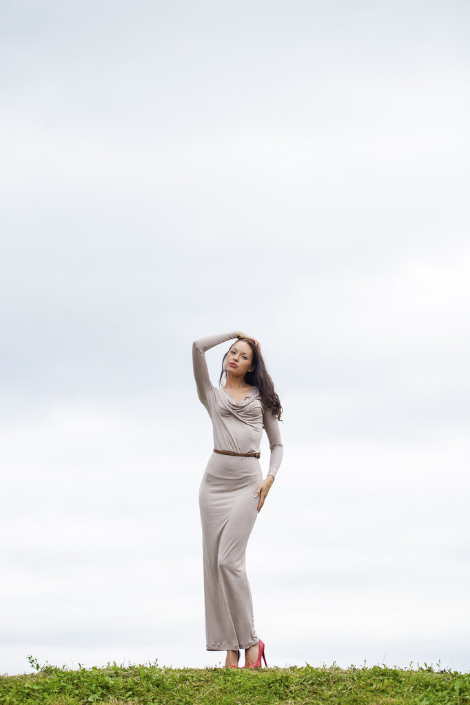 plný růst, krásná mladá žena v sexy dlouhé šedé šaty  - Fotografie, Obrázek