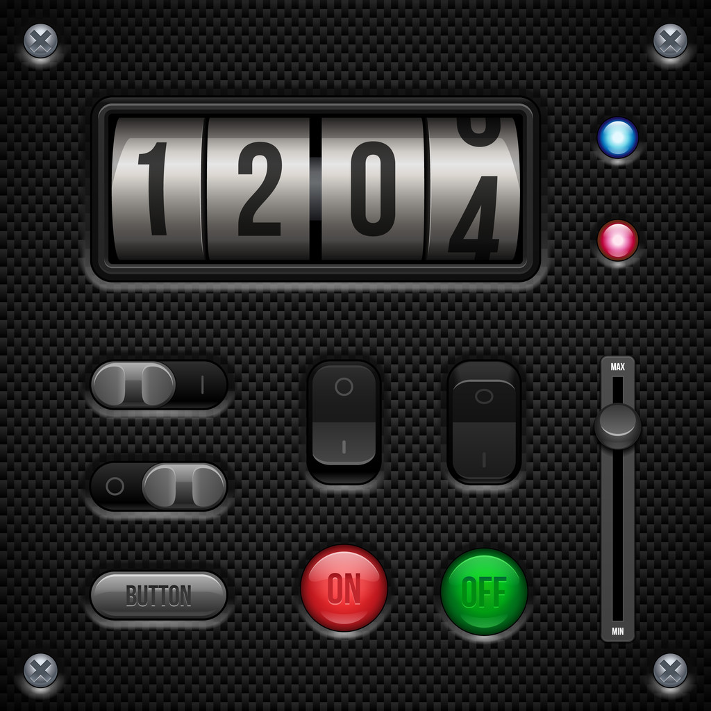 Carbon UI Application Software Controls Set. Switch, Knobs, Button, Lamp, Volume, Equalizer, Counter - Vector, Image