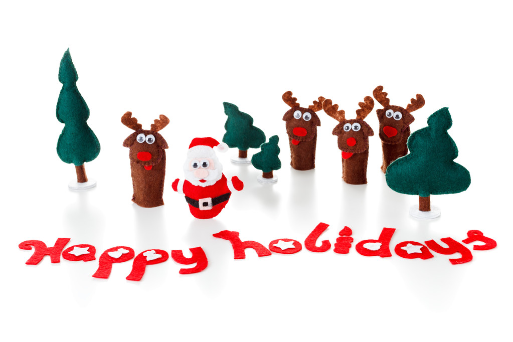 Père Noël, poupées de cerfs sur une surface brillante pour Noël, Noël, blanc
. - Photo, image