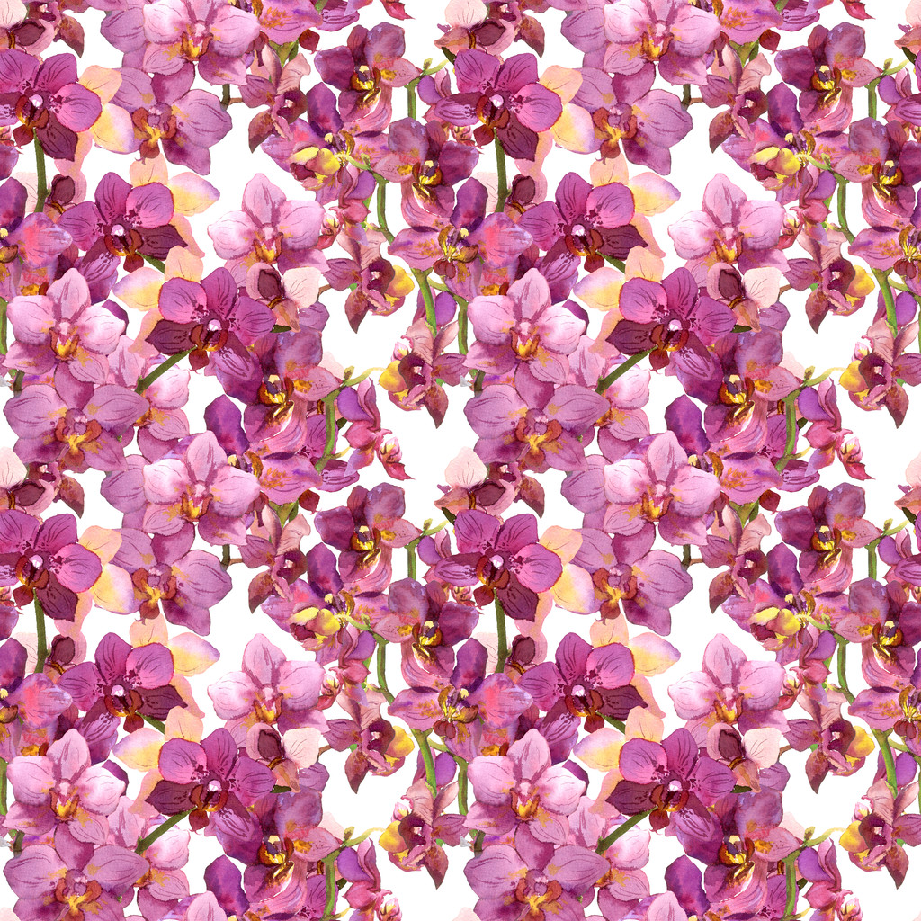 Floral pattern - blooming purple orchid flowers. Seamless background. Watercolor. - Fotó, kép