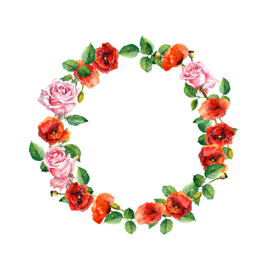 Floral wreath with summer flowers - rose and poppy. Water color circle frame - Zdjęcie, obraz