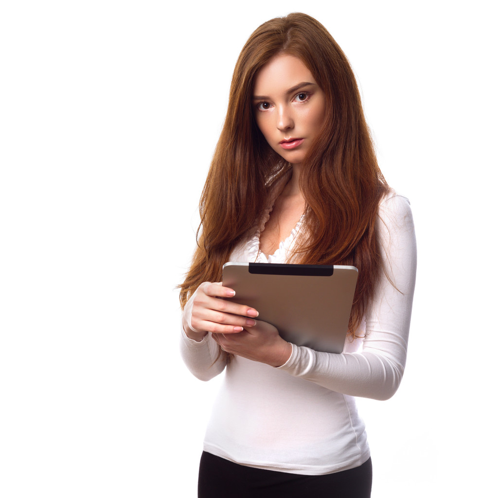 Femme d'affaires rousse avec ordinateur tablette
 - Photo, image