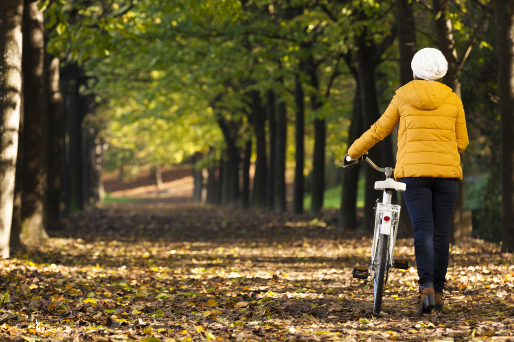 Frau läuft mit Oldtimer-Fahrrad im Park - Foto, Bild