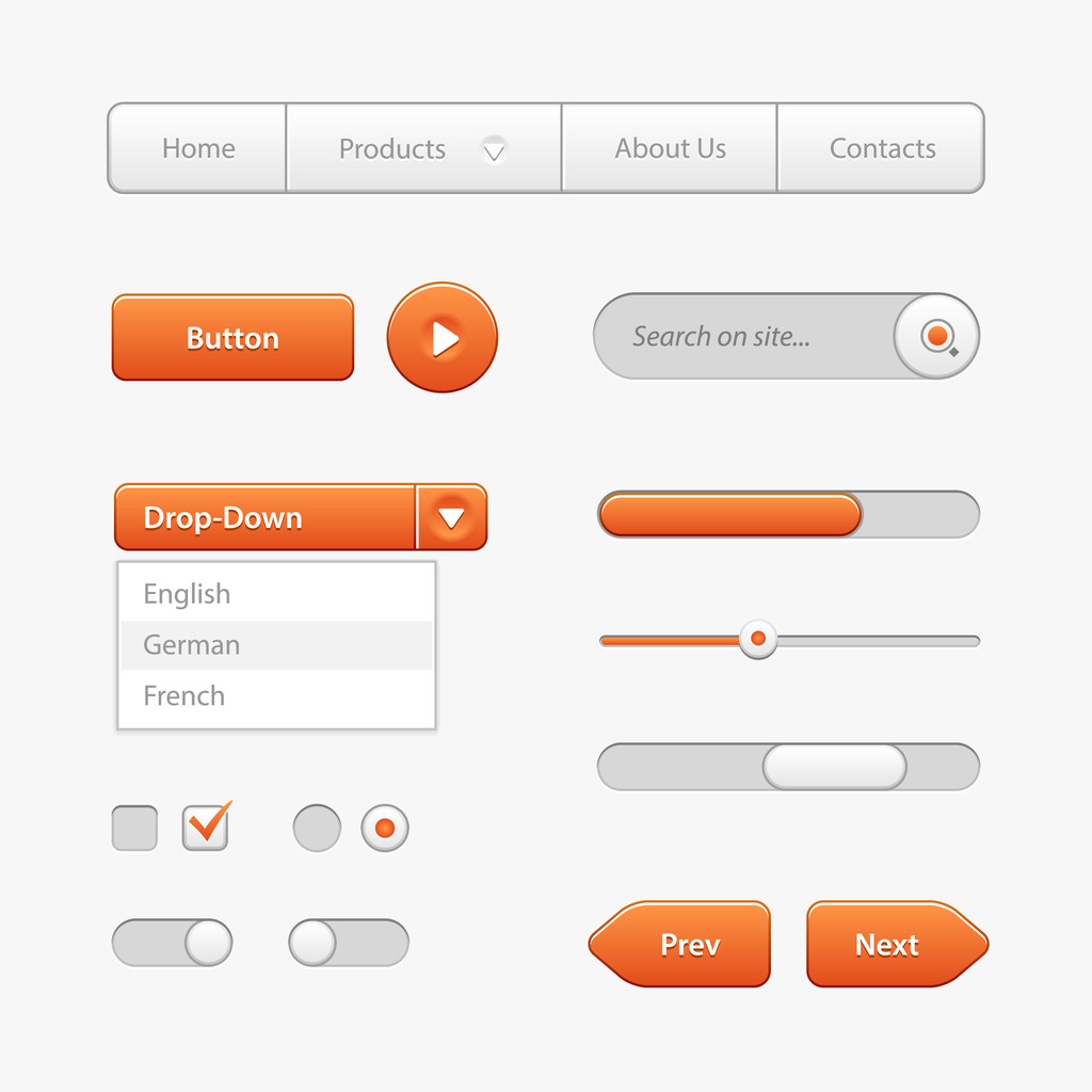 De besturingselementen van de Interface van de oranje licht gebruiker. Webelementen. Website, Software Ui: Knoppen, Switchers, schuif, pijlen, Drop-down - Vector, afbeelding
